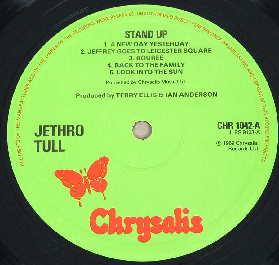 Close up of record's label JETHRO TULL - Stand Up Pop-Up Gimmick Gatefold England Green Chrysalis Label 12" Vinyl LP ALbum Side One