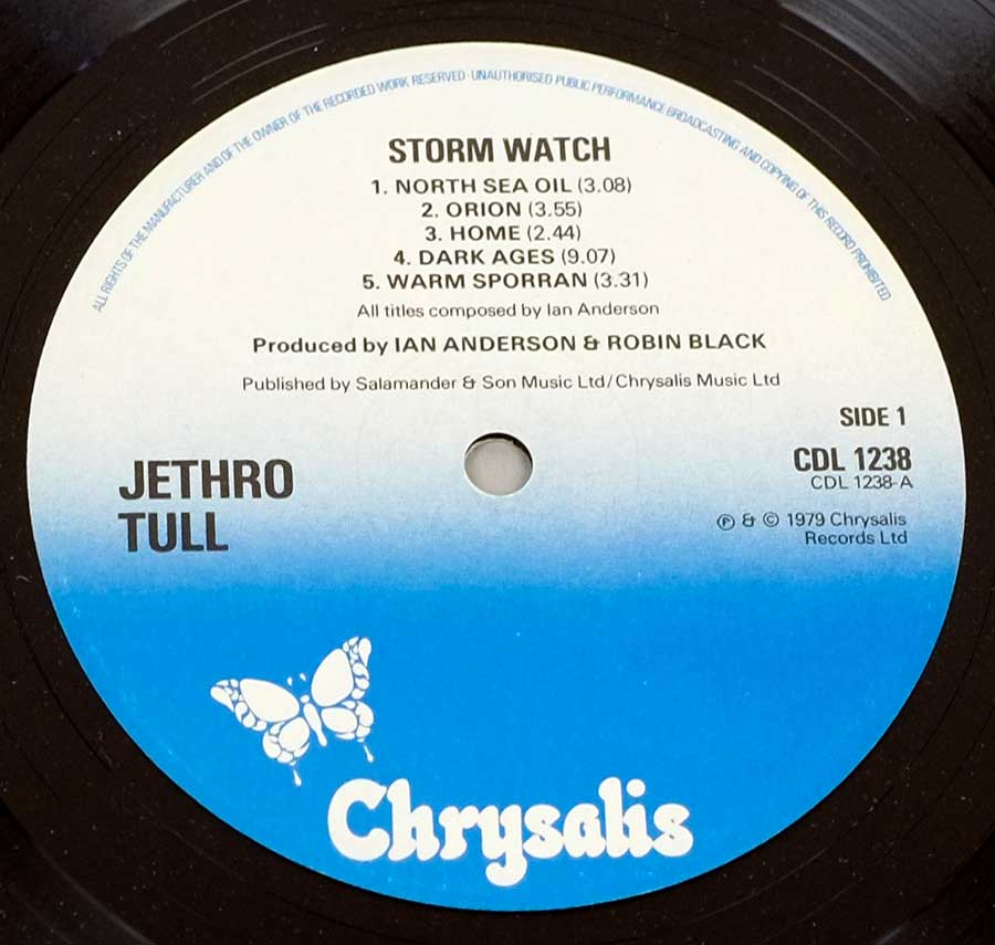 Close up of record's label JETHRO TULL - Storm Watch ( UK ) Side One