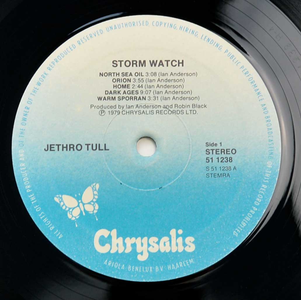 Close up of record's label JETHRO TULL - Storm Watch ( Netherlands Release ) Side One