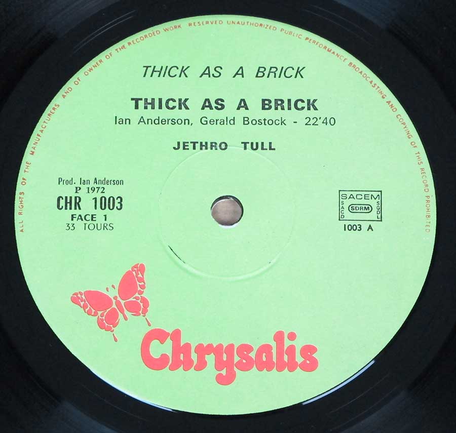 Close up of record's label JETHRO TULL - Thick as a Brick ( France ) Side One