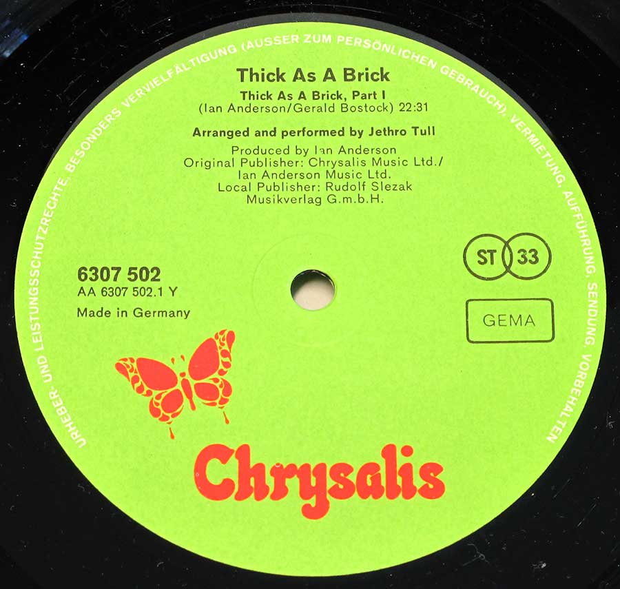 Close up of Side One JETHRO TULL - Thick as Brick ( German release ) 