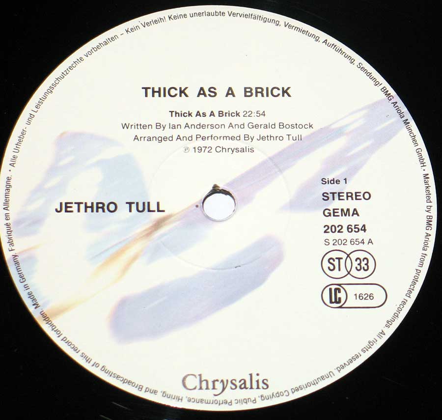 Close up of record's label JETHRO TULL - Thick as a Brick ( Germany ) Side One