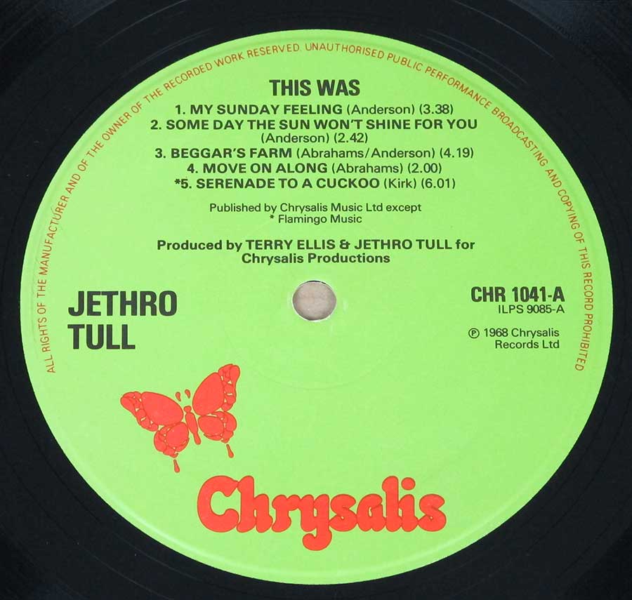 Close up of record's label JETHRO TULL - This Was UK England Gatefold Cover 12" LP Vinyl Album Side One