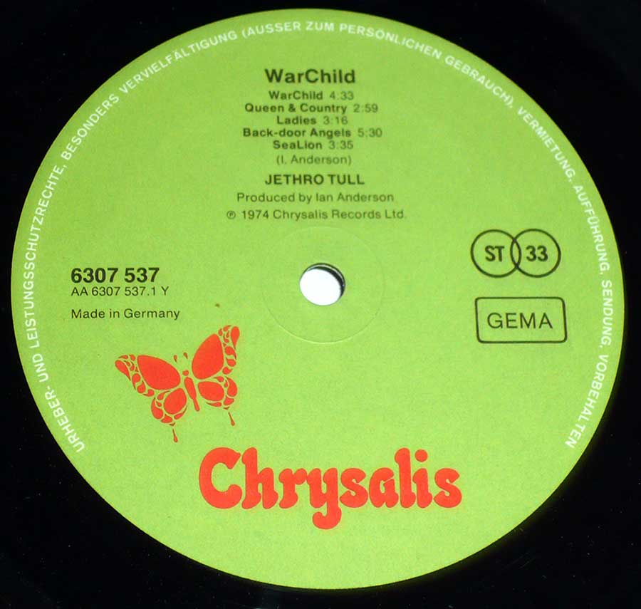 "WarChild" Record Label Details: Green Colour with Orange Butterfly 6307 537 , Made un Germany 