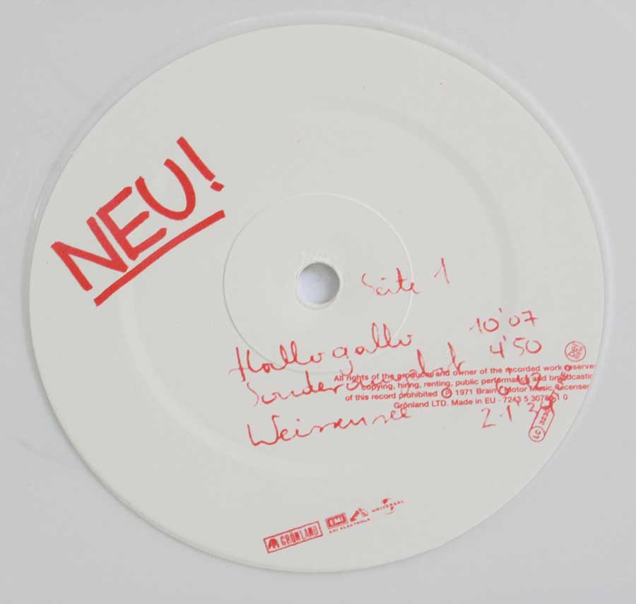 Close up of record's label NEU! 1st Album White Vinyl Gatefold Side One