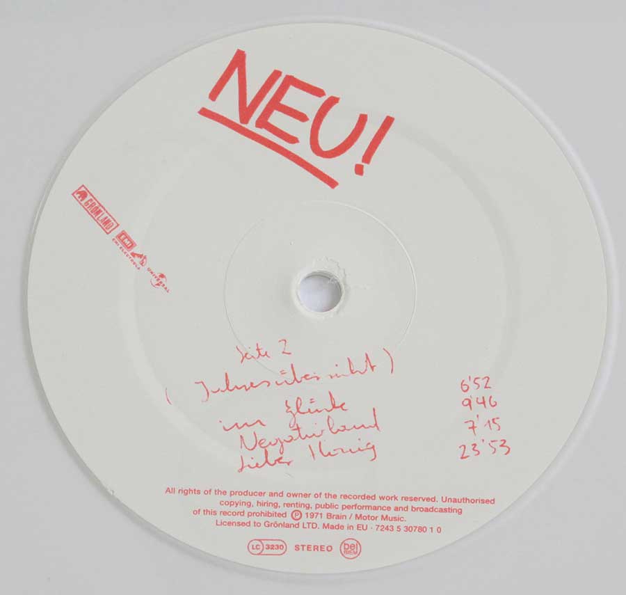Close up of record's label NEU! 1st Album White Vinyl Gatefold Side Two