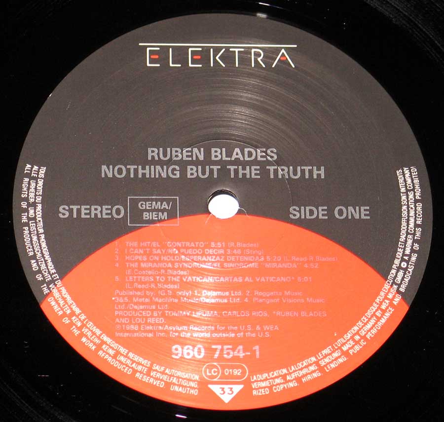 RUBEN BLADES - Nothing but the Truth with Lou Reed 12" Vinyl LP enlarged record label