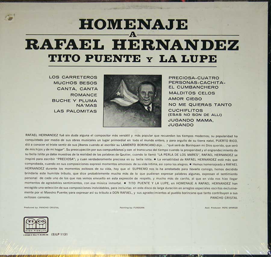 TITO PUENTE y La Lupe (Guadalupe Yoli) HOMENAJE A RAFAEL HERNANDEZ 12" Vinyl LP Album album back cover