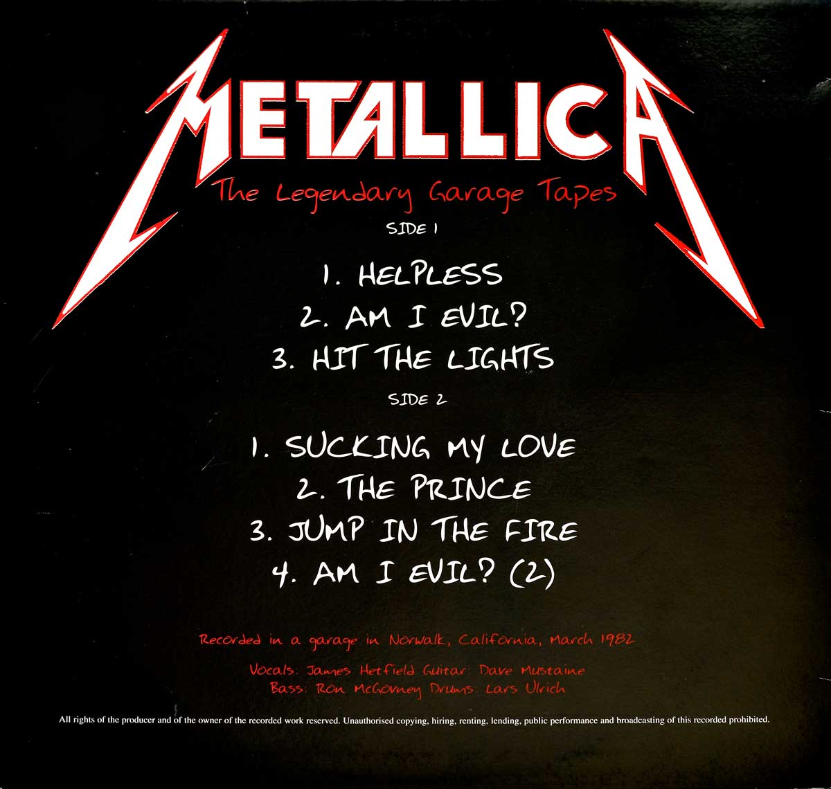Photo of album back cover METALLICA - The legendary Garage Tapes ( Unofficial Record )  