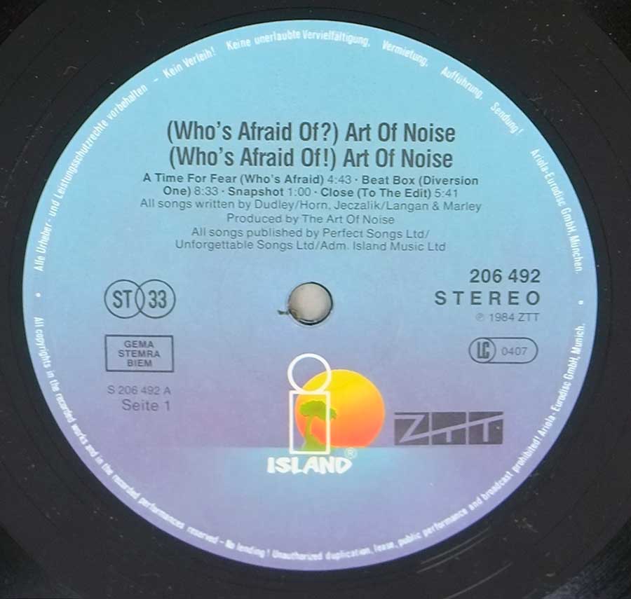 Photo of Light Blue Recorde Label of: "Who's Afraid of the Art of Noise"
