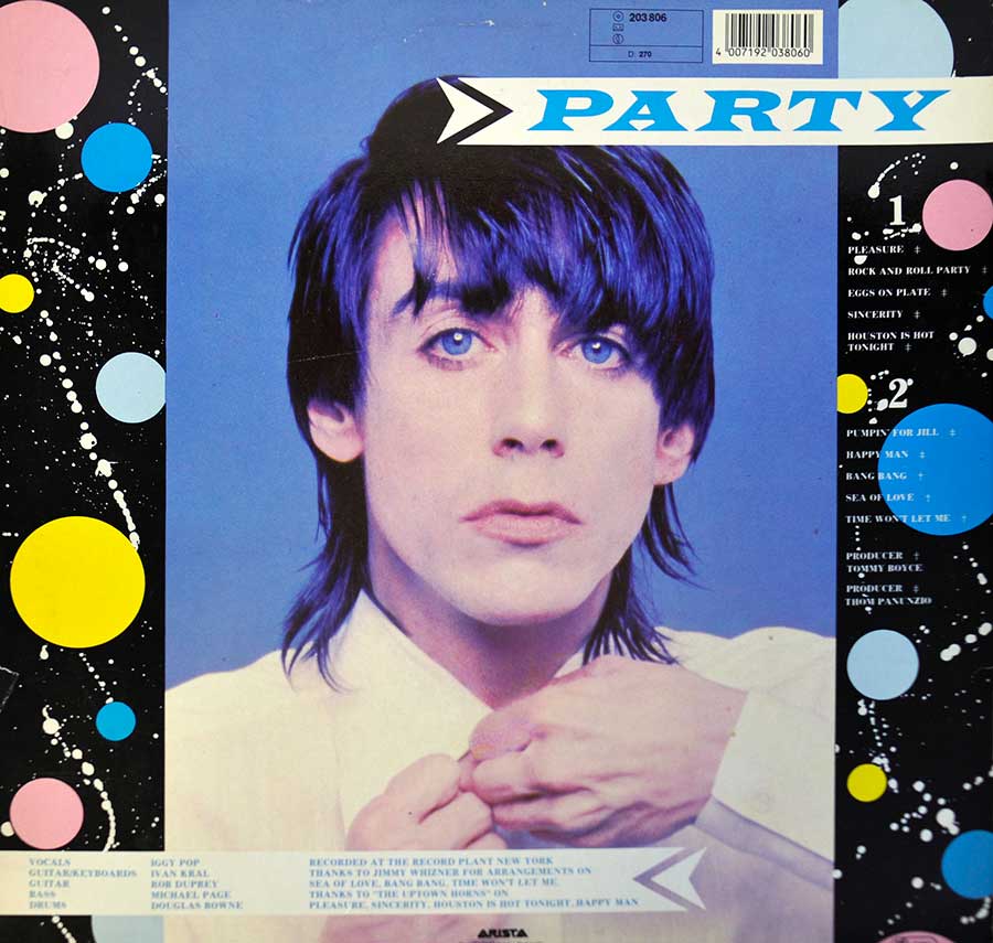 Photo of album back cover IGGY POP - Party new wave punk Rock 12" LP album 