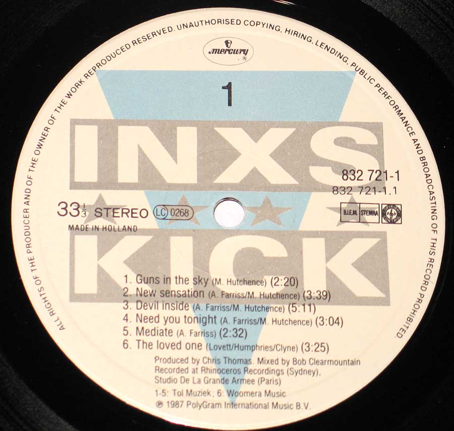 Close up of Side One record's label INXS - Kick 1980s Pop / New Wave 12" Vinyl LP Album