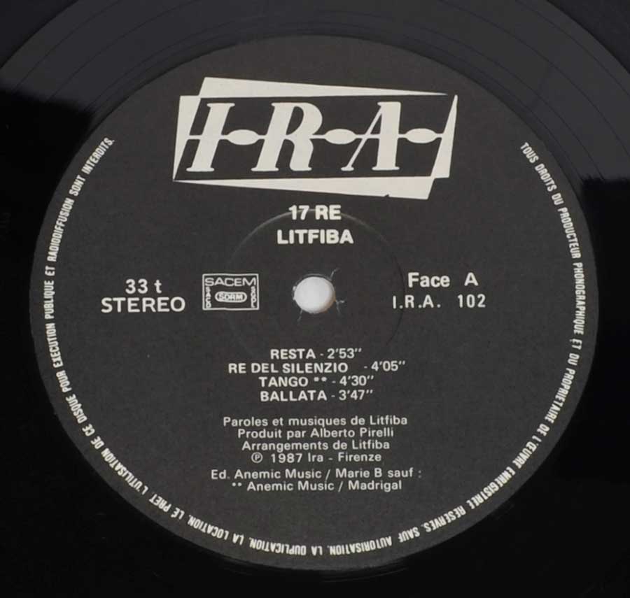 Close up of record's label LITFIBA - 17 RE 12" Vinyl LP Album Side One