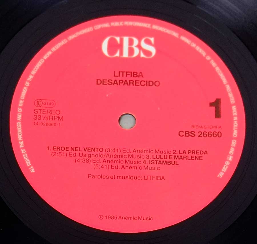 Close up of record's label LITFIBA - Desaparecido 12" Vinyl LP Album Side One