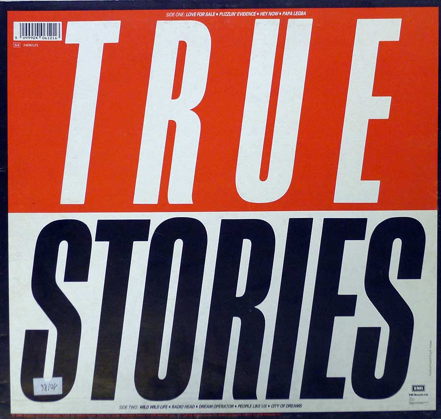 TALKING HEADS  True Stories 12" LP Vinyl Album back cover