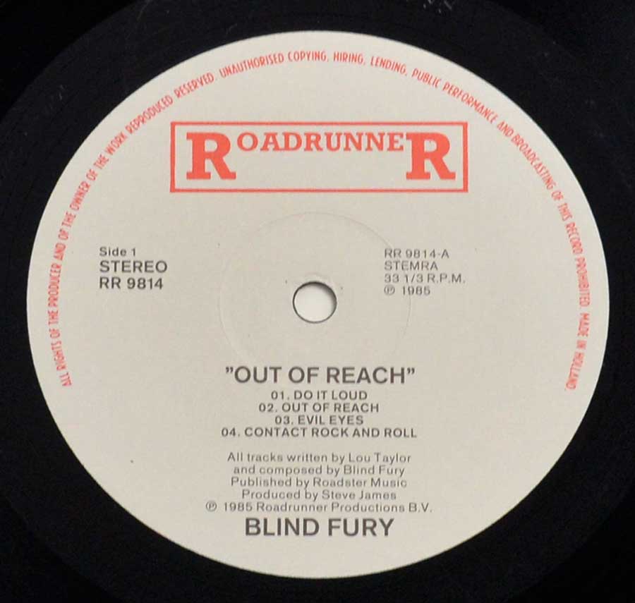 Enlarged High Resolution Photo of the Record's label BLIND FURY - Out of Reach https://vinyl-records.nl