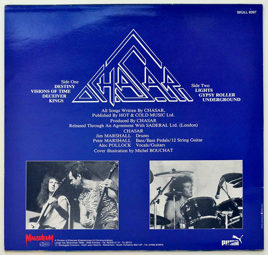 Photo of album back cover CHASAR - Gypsy Roller Scottish Heavy Metal NWOBHM Scotland 1987 12" Vinyl LP
