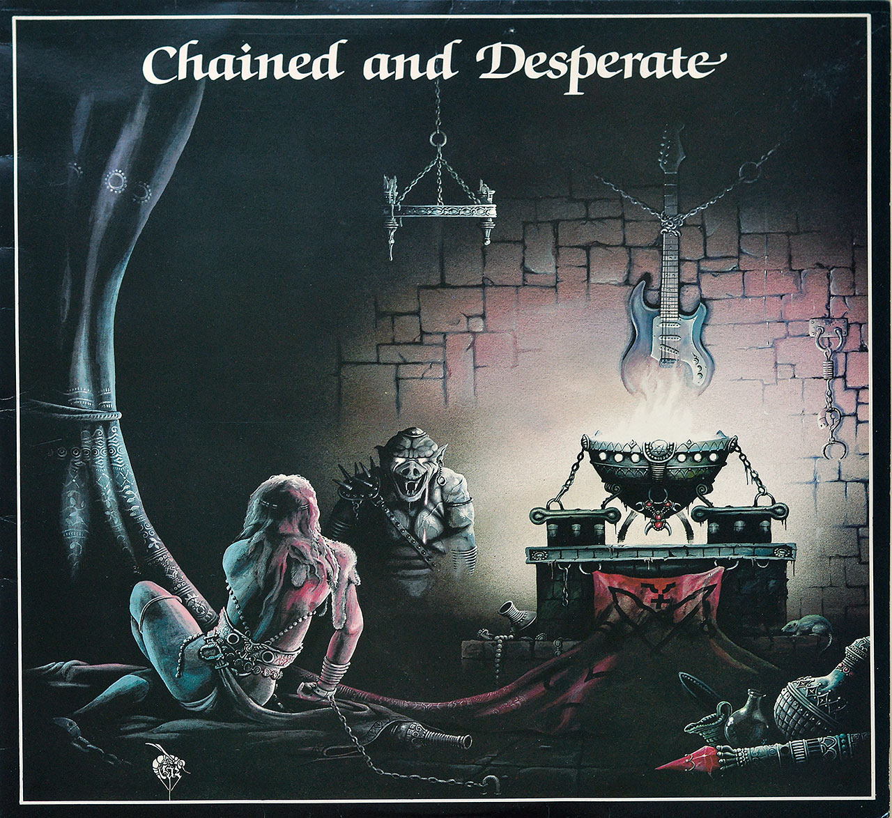 The artwork features a captivating scene that combines elements of fantasy and rebellion. At the forefront, a chained figure, presumably symbolic of the desperation alluded to in the album title, stands against a backdrop of a desolate and ominous landscape. The chains that bind the figure suggest themes of struggle and resistance, echoing the rebellious spirit often associated with NWOBHM.
