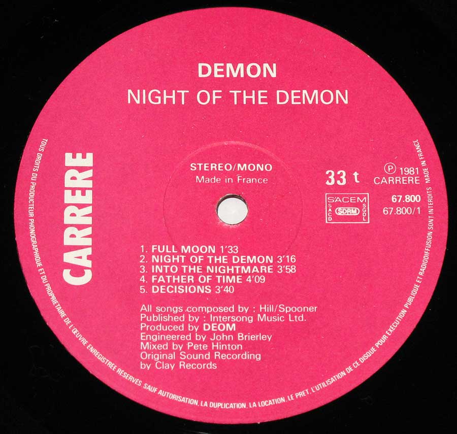 "Night Of The Demon" Pink Colour Carrere Record Label Details: CARRERE 67 899, Made in France, SACEM, SDRM, ℗ 1981 Carrere Sound Copyright 