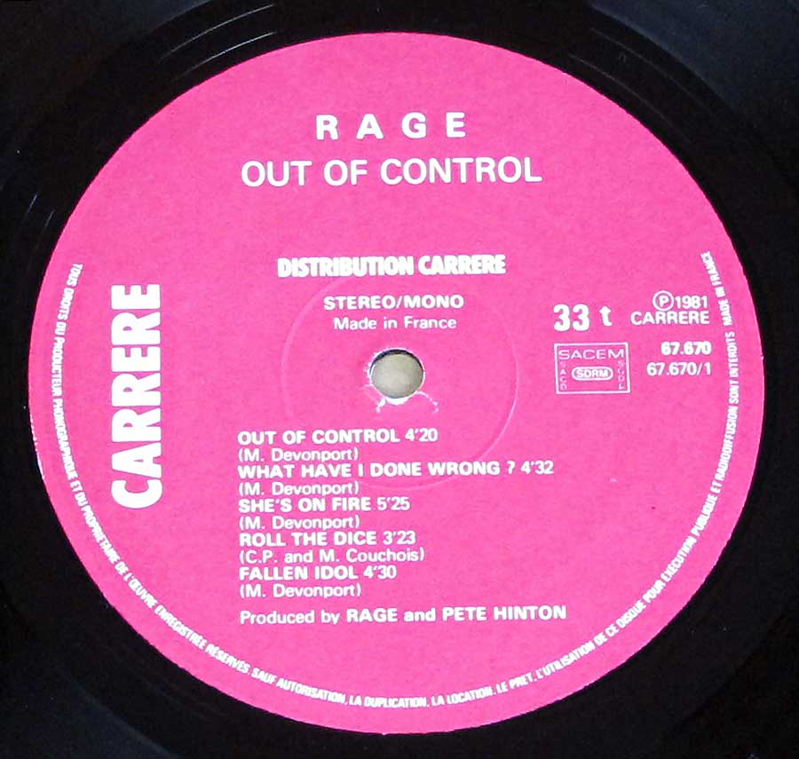 Close up of record's label RAGE - Out of Control Side One