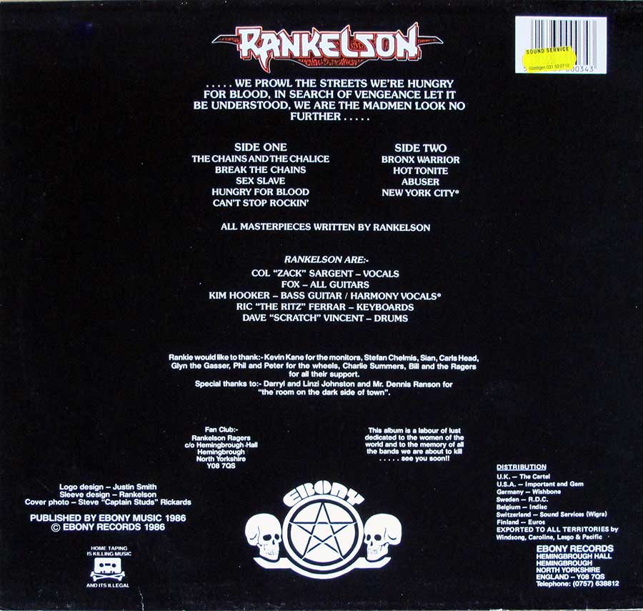 Photo of album back cover RANKELSON - Hungry For Blood