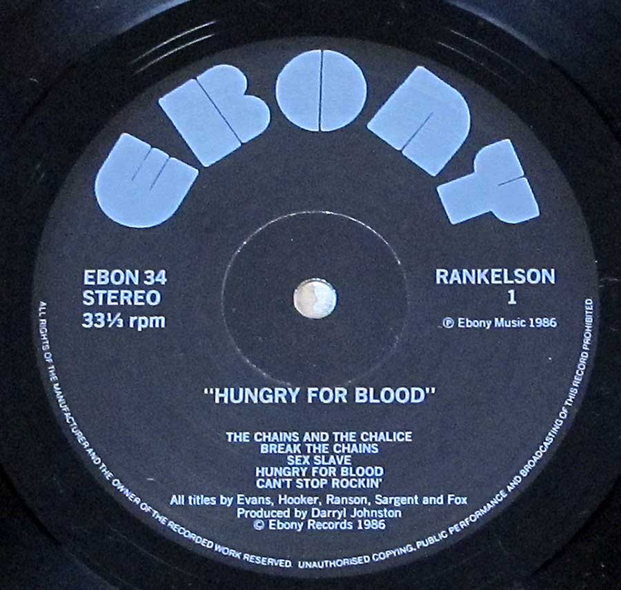 Close up of record's label RANKELSON - Hungry For Blood Side One
