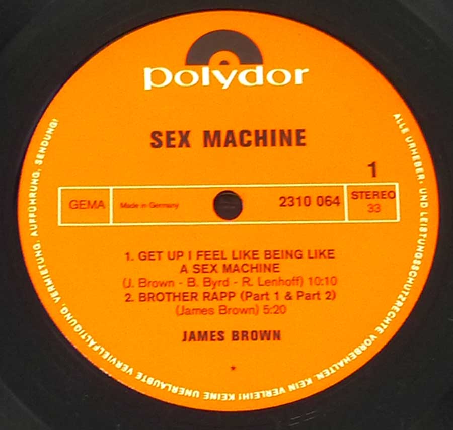 Close up of Side One record's label JAMES BROWN - Sex Machine 12" Vinyl 2LP Album