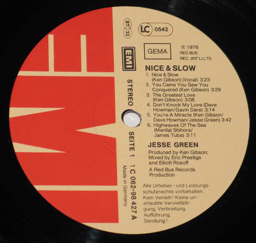 Close up of record's label JESSE GREEN - Nice and Slow Side One