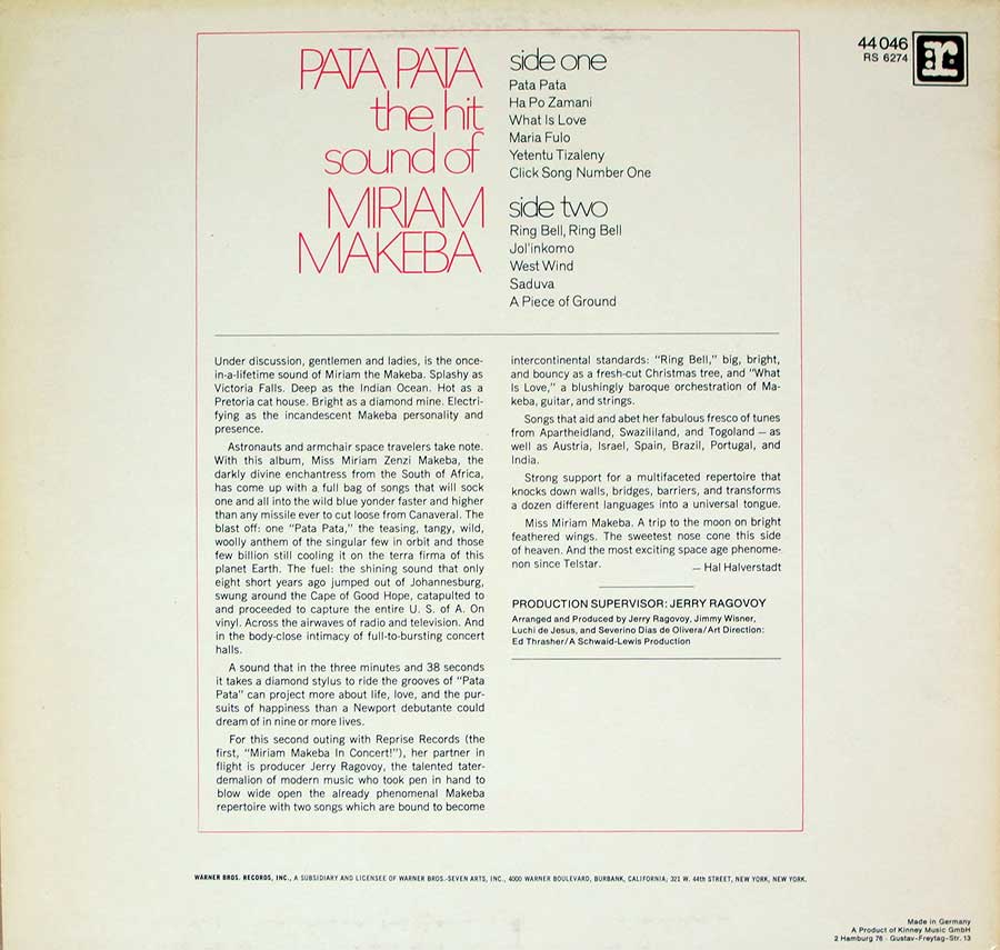 MIRIAM MAKEBA - Pata Pata 12" LP Vinyl Album
 back cover