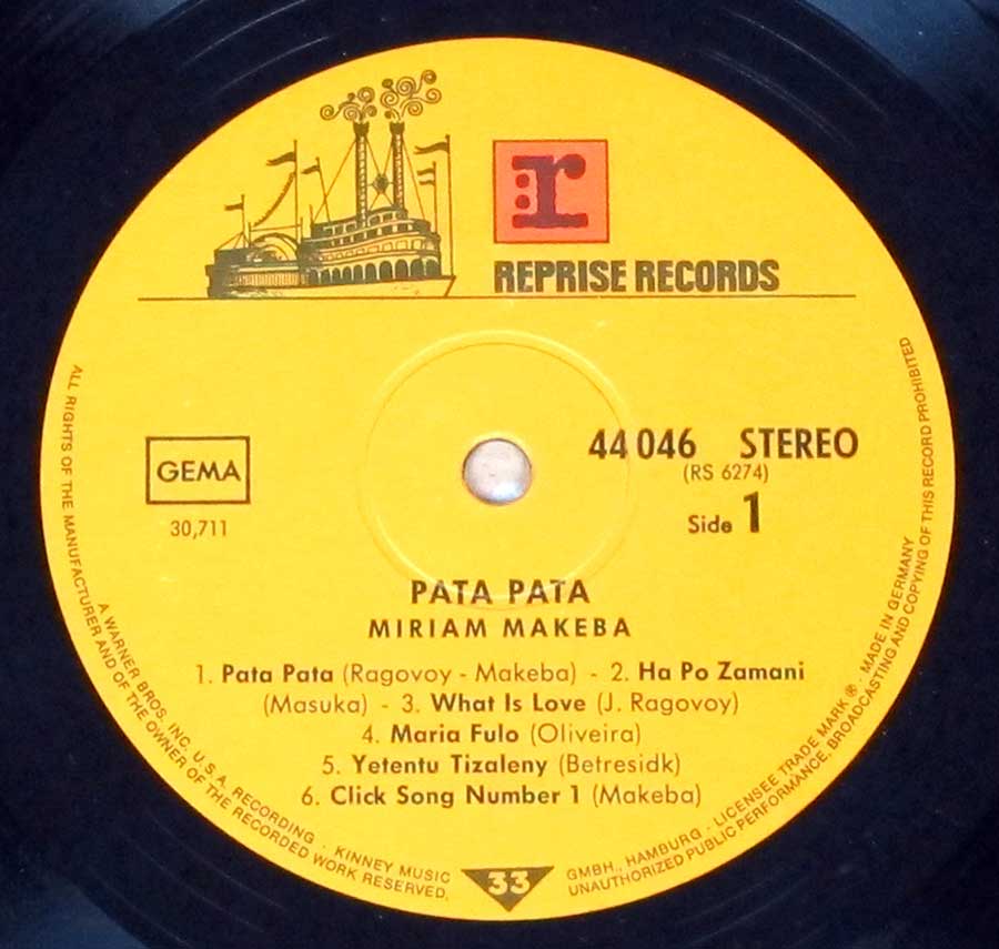 "Pata Pata Miram Makeba" Record Label Details: Reprise Records 44 046 RS 6274 