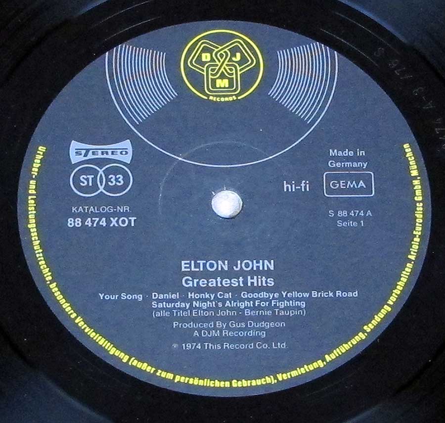 Close up of record's label ELTON JOHN - Greatest Hits DJM Side ONe