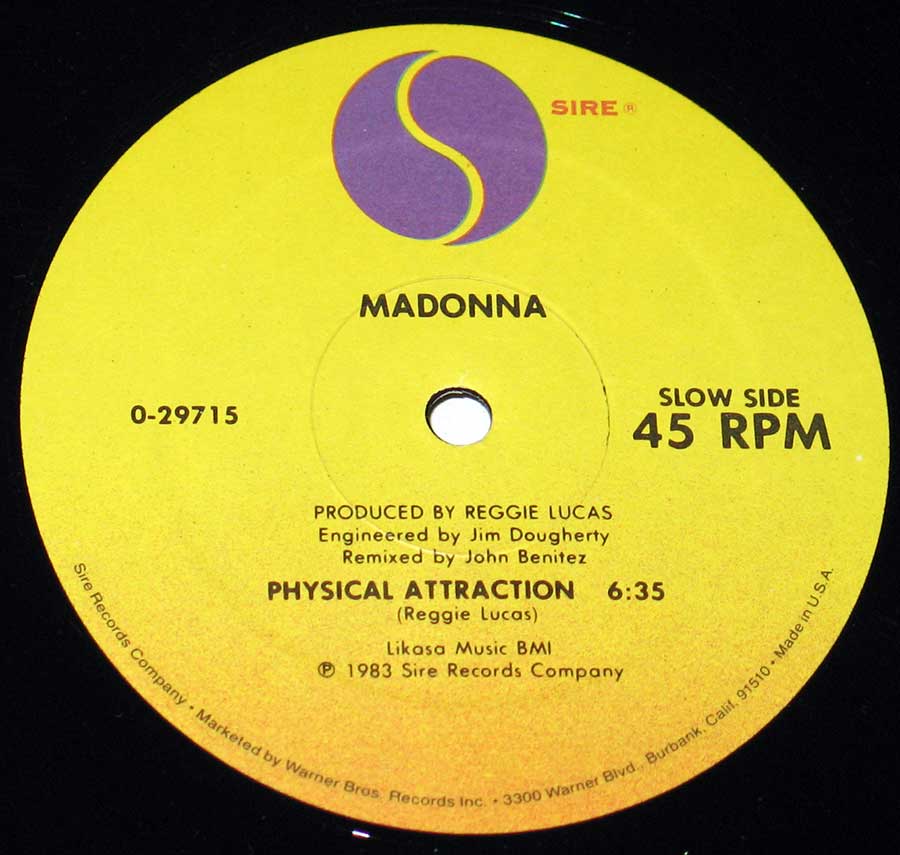 MADONNA - Burning Up / Physical Attraction 7" Vinyl Single enlarged record label