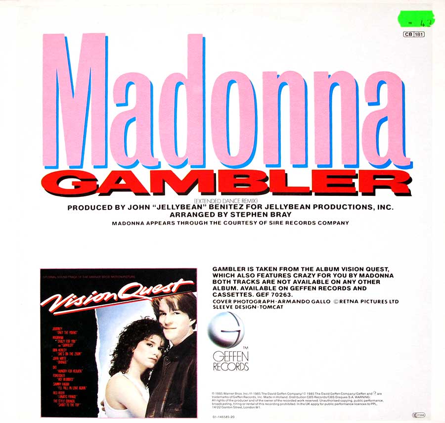 MADONNA - Gambler Extended Dance Mix 12" Maxi-Single back cover