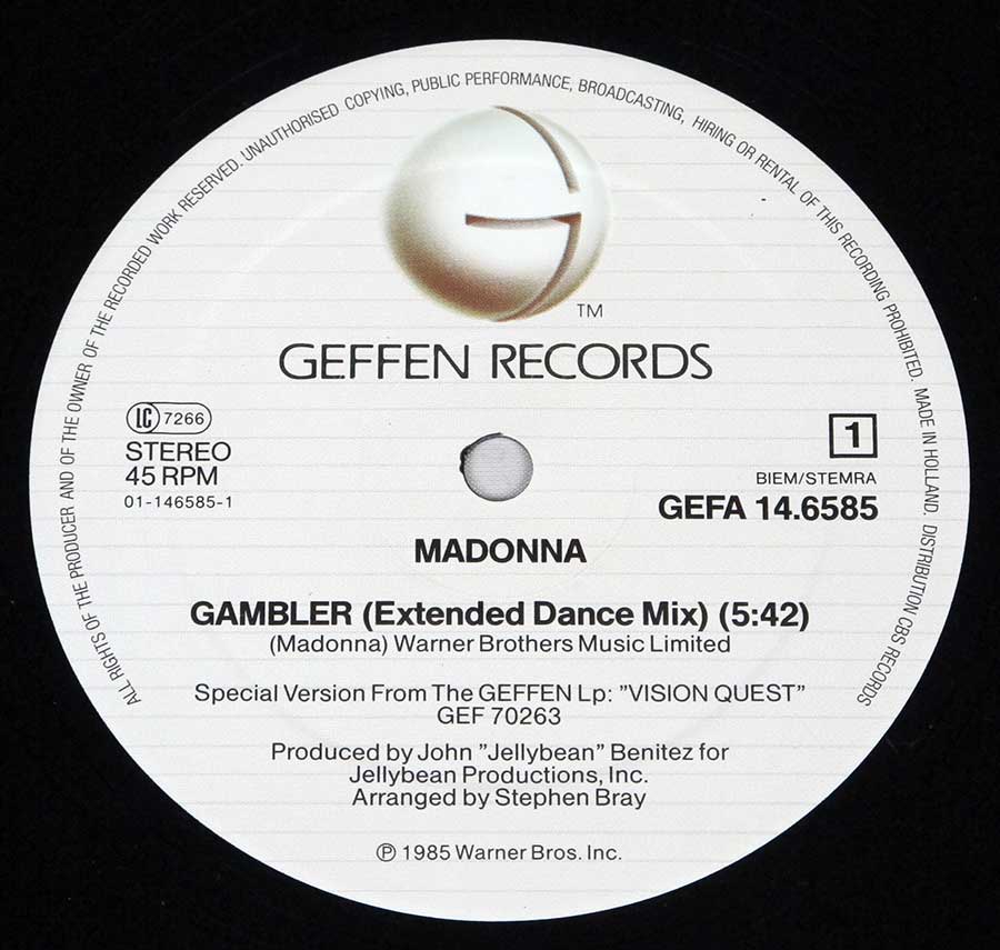 "Gambler 12"" Record Label Details: Geffen GEFA 14.6585 ℗ 1985 Warner Bros Sound Copyright 