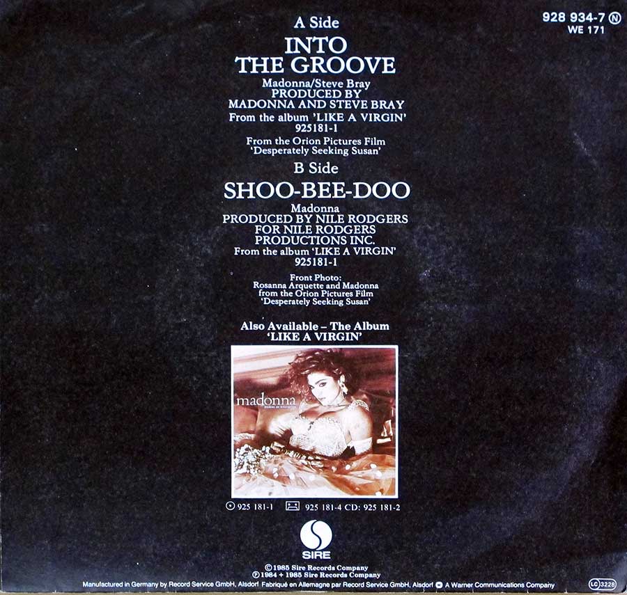 Photo of album back cover MADONNA - Into The Groove / Shoo-Bee-Doo 7" 45RPM PS Single Vinyl