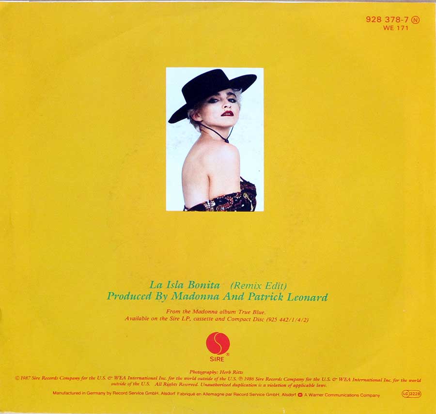 MADONNA - La Isla Bonita (Remix Edit) 7" 45RPM Picture Sleeve Single Vinyl back cover