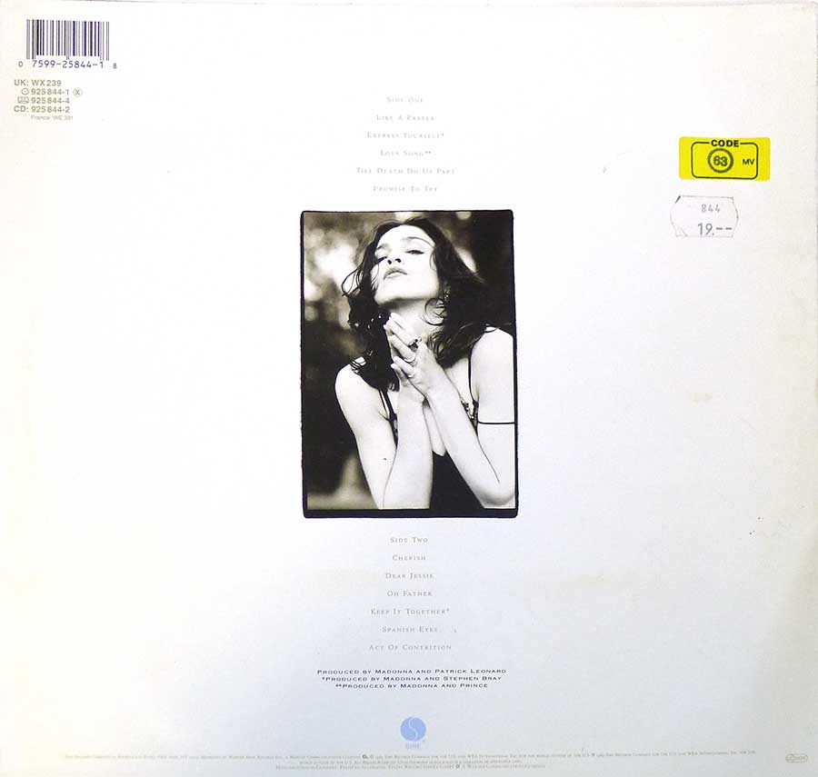 MADONNA - Like A Prayer 12" Vinyl LP Album back cover