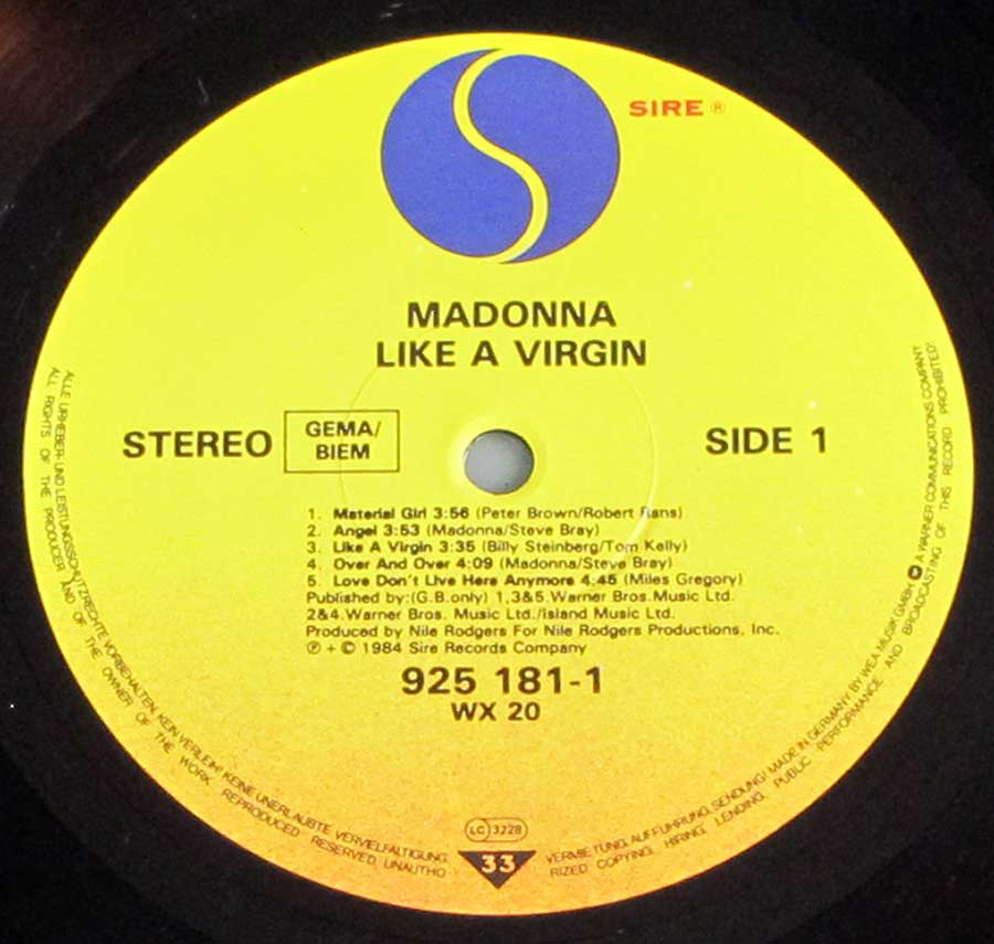 MADONNA - Like a Virgin 12" Vinyl LP Album
 enlarged record label