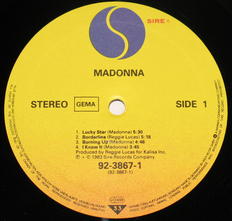 Close-up of the Yellow Sire Record Label of Madonna's album 