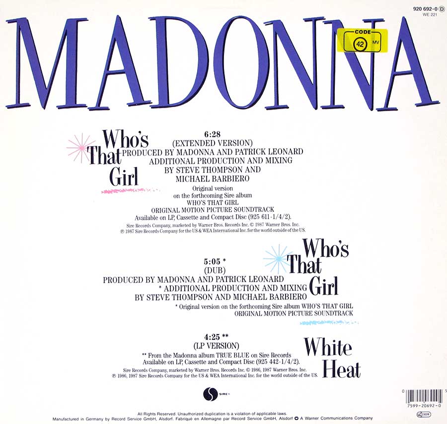 MADONNA - Who's That Girl 12" Vinyl Maxi-Single
 back cover