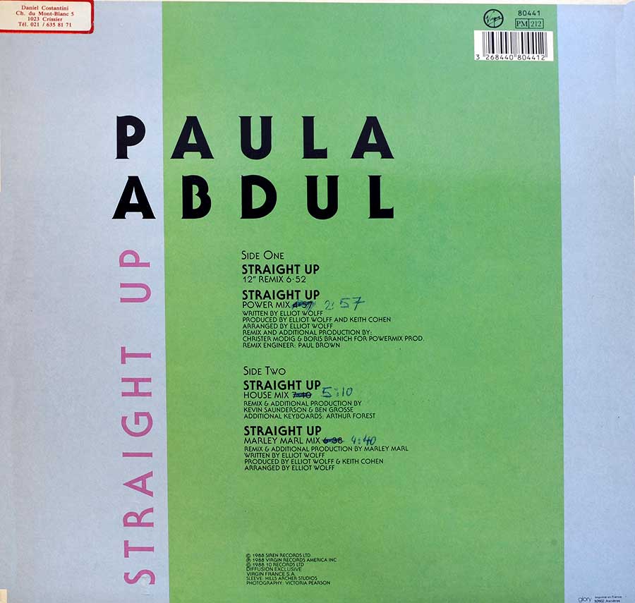 Photo of album back cover PAULA ABDUL - Straight Up 12" Maxi Vinyl
