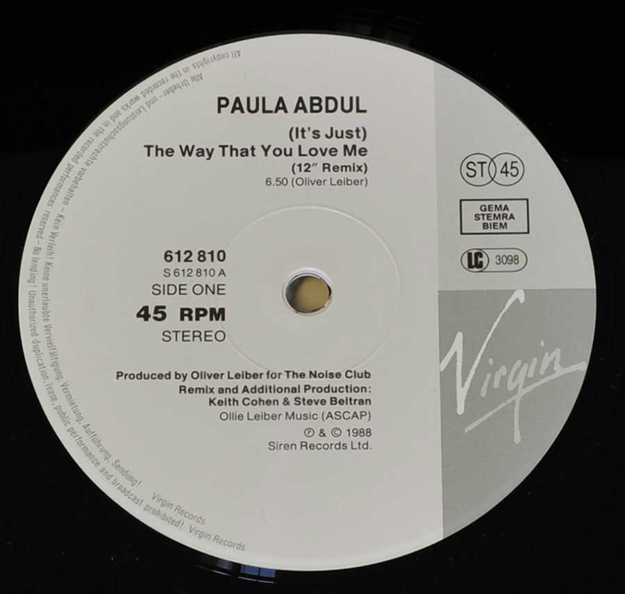 Photo of record label of PAULA ABDUL - Way That You Love Me 