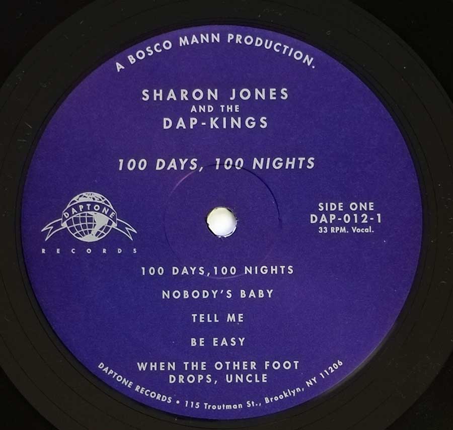 Close up of record's label SHARON JONES & THE DAP-KINGS 100 Days, 100 Nights Side One