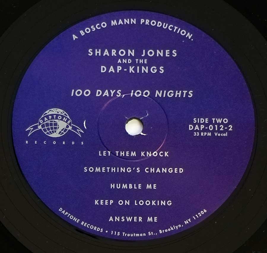 Close up of record's label SHARON JONES & THE DAP-KINGS 100 Days, 100 Nights Side Two