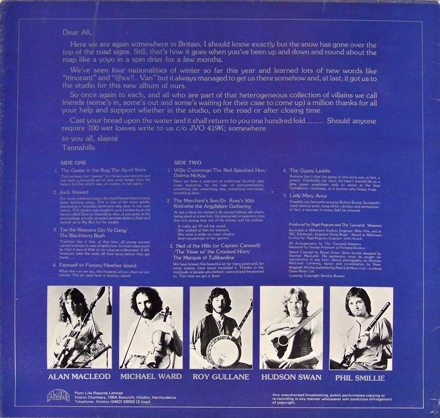 THE TANNAHILL WEAVERS - Self-Titled 12" LP Vinyl Album back cover