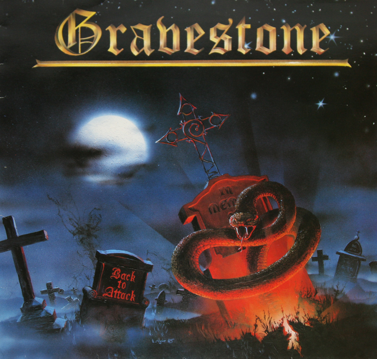 Front cover Photo of Gravestone Back to Attack https://vinyl-records.nl/