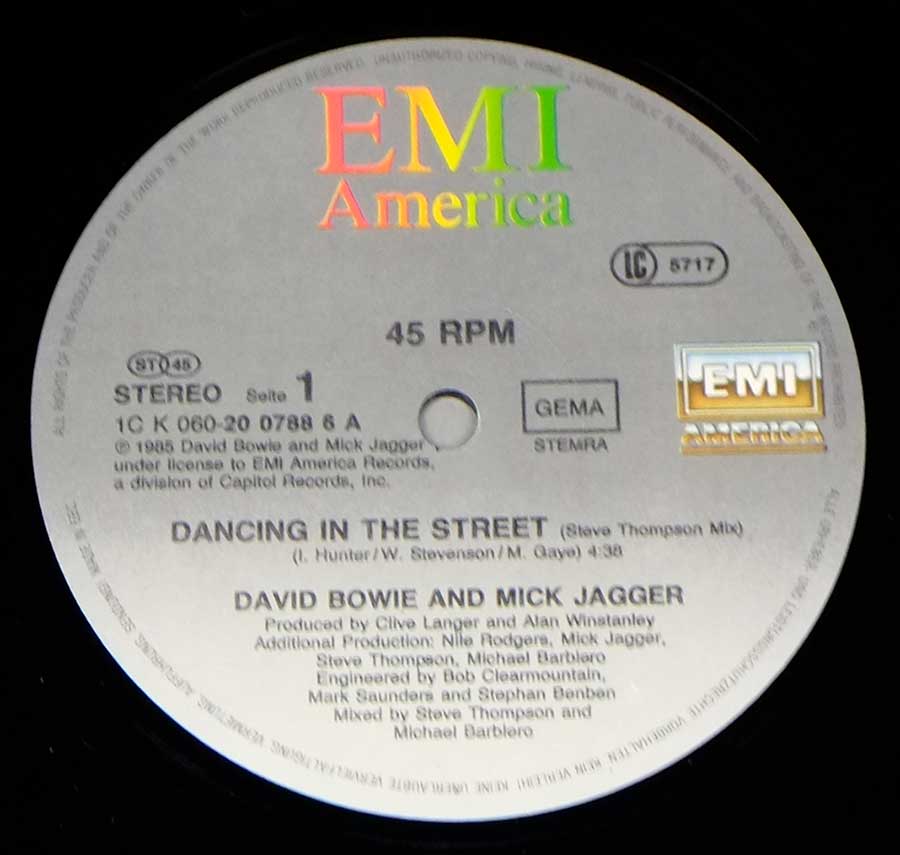 Close up of record's label DAVID BOWIE & MICK JAGGER - Dancing In The Street 12" 45RPM Maxi-Single Vinyl Side One
