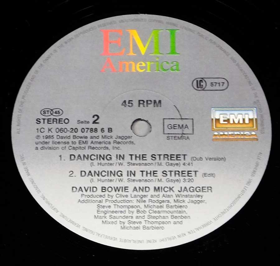 Close up of record's label DAVID BOWIE & MICK JAGGER - Dancing In The Street 12" 45RPM Maxi-Single Vinyl Side Two