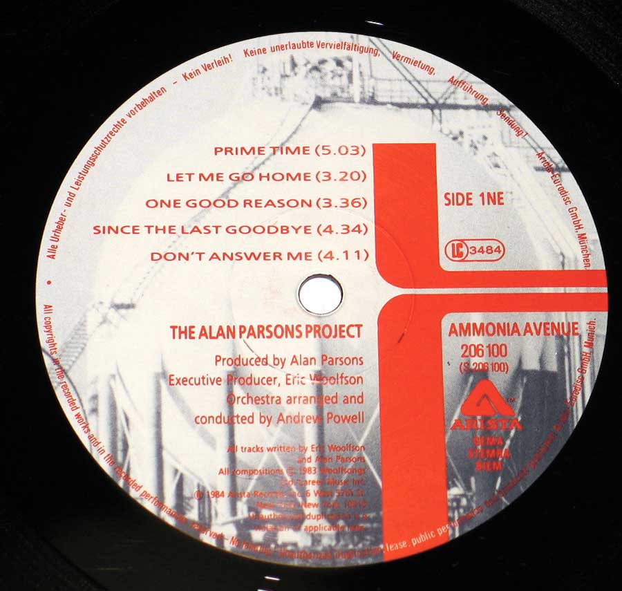 Close up of record's label ALAN PARSONS PROJECT - AMMONIA AVENUE 12" Vinyl LP Album Side One