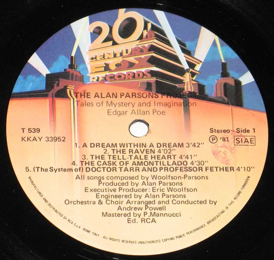 Close up of record's label ALAN PARSONS PROJECT - Tales of Mystery and Imagination Edgar Allan Poe Side One